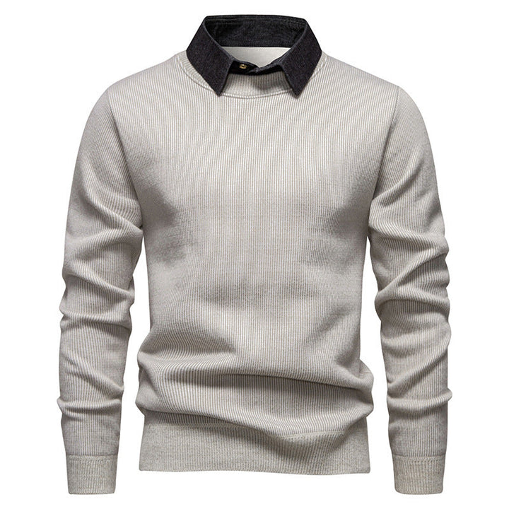 Comfortable men's long sleeve knitwear featuring a unique textured pattern and layered collar.