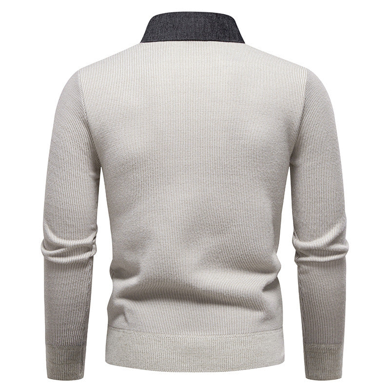 Sophisticated men's sweater with a modern textured knit and a distinctive layered collar design.