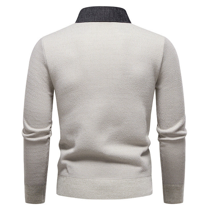 Sophisticated men's sweater with a modern textured knit and a distinctive layered collar design.