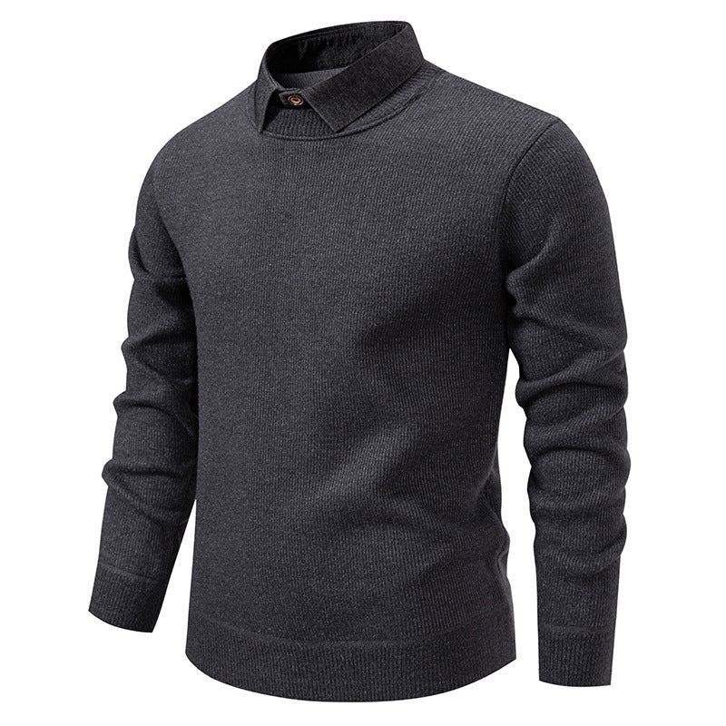 Men's fashion sweater showcasing a unique textured knit and a chic double layered collar.