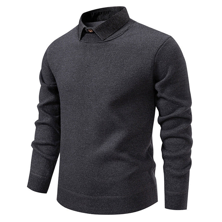 Men's fashion sweater showcasing a unique textured knit and a chic double layered collar.