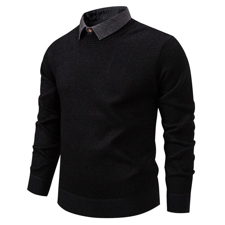Stylish men's long sleeve knit sweater, elegant textured design, with a prominent layered collar.