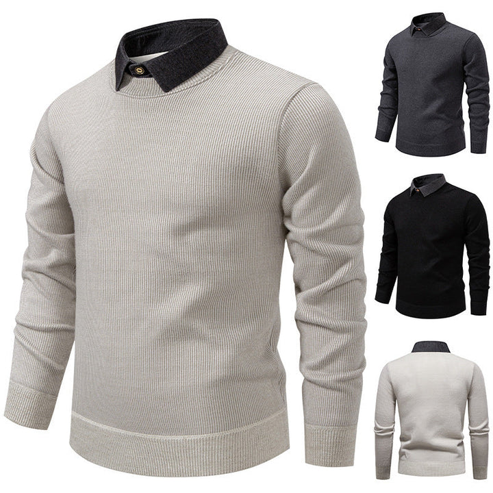 Elegant men's textured knit sweater with a refined layered collar, suitable for various occasions.