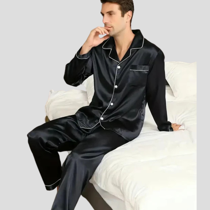 Men's elegant two-piece loungewear pajama set in a relaxed fit for comfortable home sleepwear and nightwear.