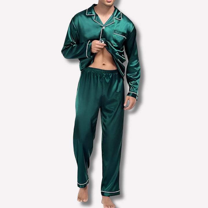 Stylish men's two-piece sleepwear set; elegant and comfortable pajamas perfect for lounging at home or nightwear.