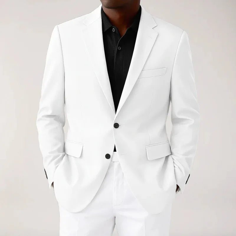Men's elegant white two-button blazer jacket. Perfect for formal events, weddings, or smart casual business attire, tailored fit.