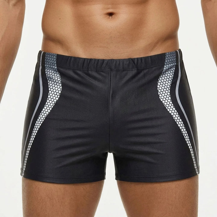 Men's athletic boxer brief swim shorts, comfortable & stylish beachwear.