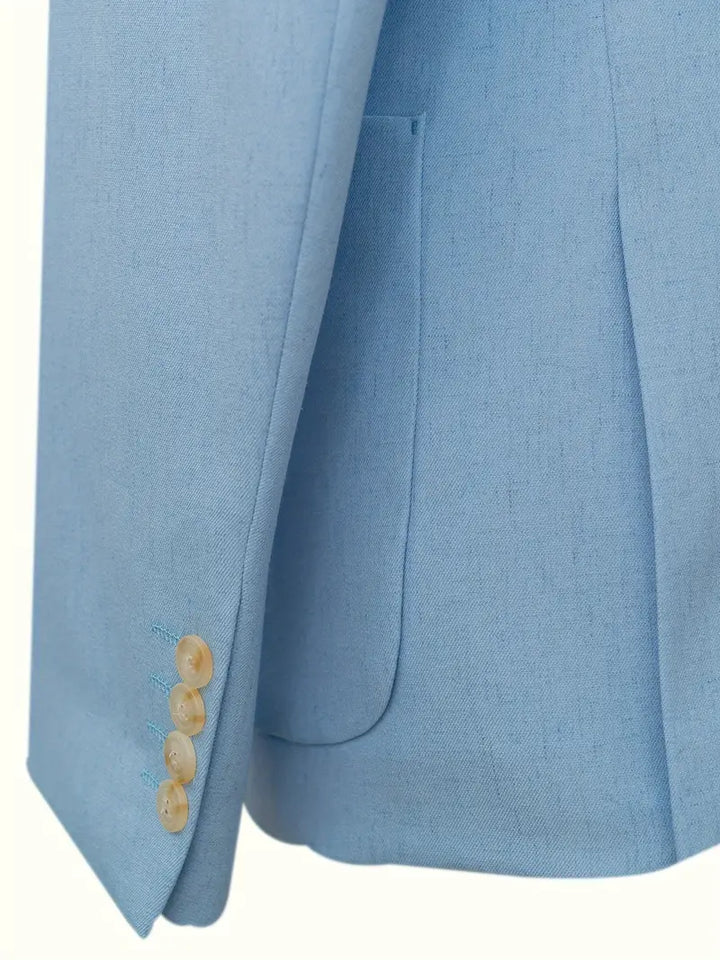 Elegant men's wedding suit with a modern flat collar. Single-breasted formal wear for the groom or guest.