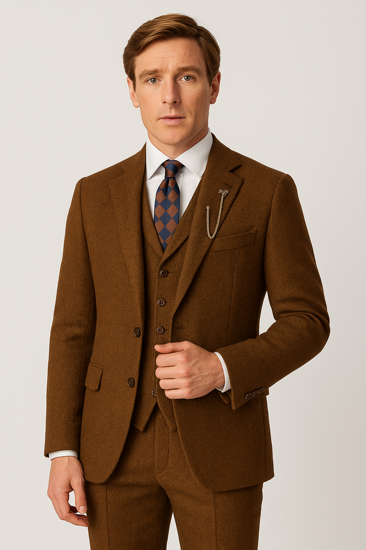Men's formal brown three-piece suit set, perfect for weddings, business, or sophisticated event wear.