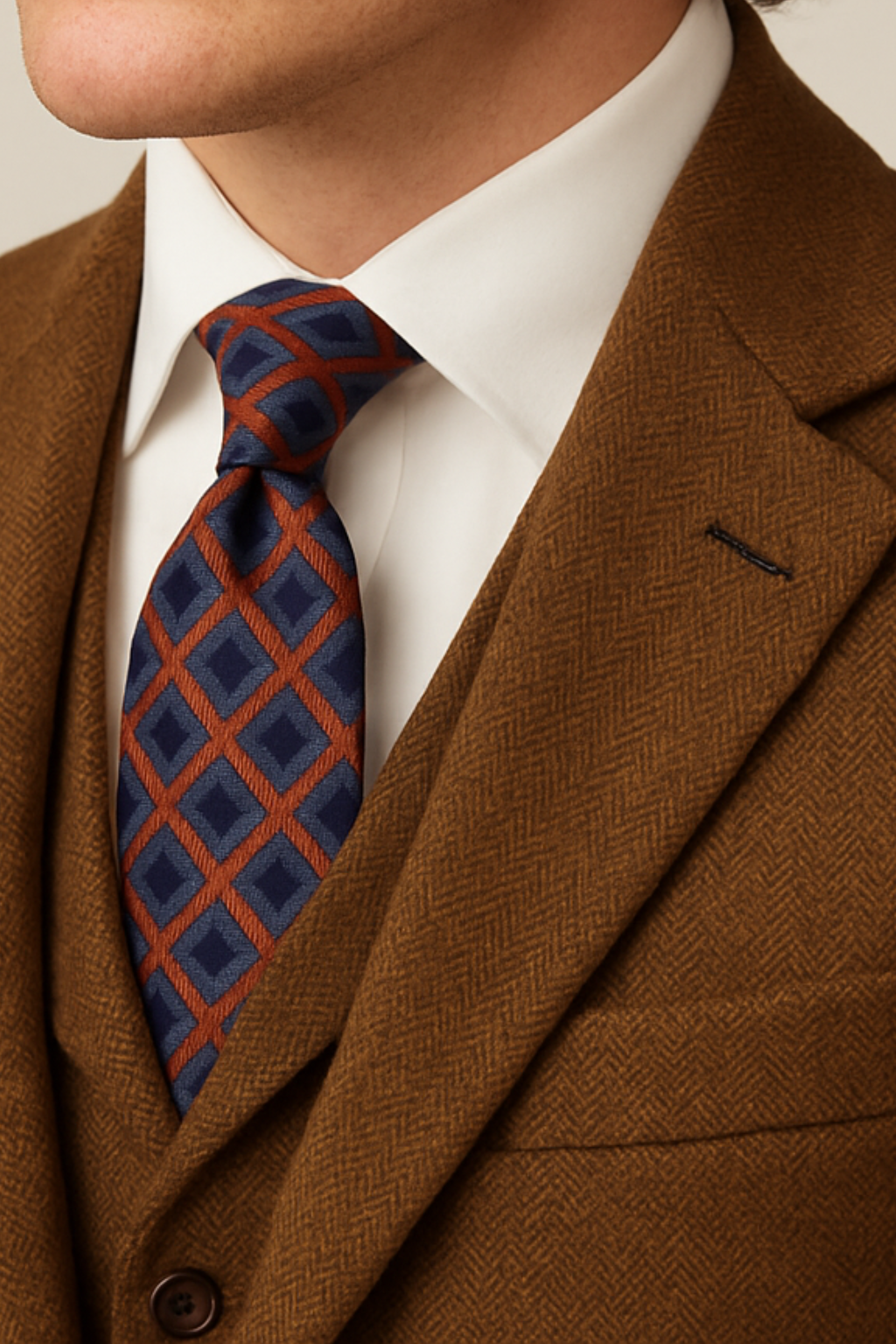 Tailored men's brown three-piece suit, ideal for formal events, weddings, and classic business attire.