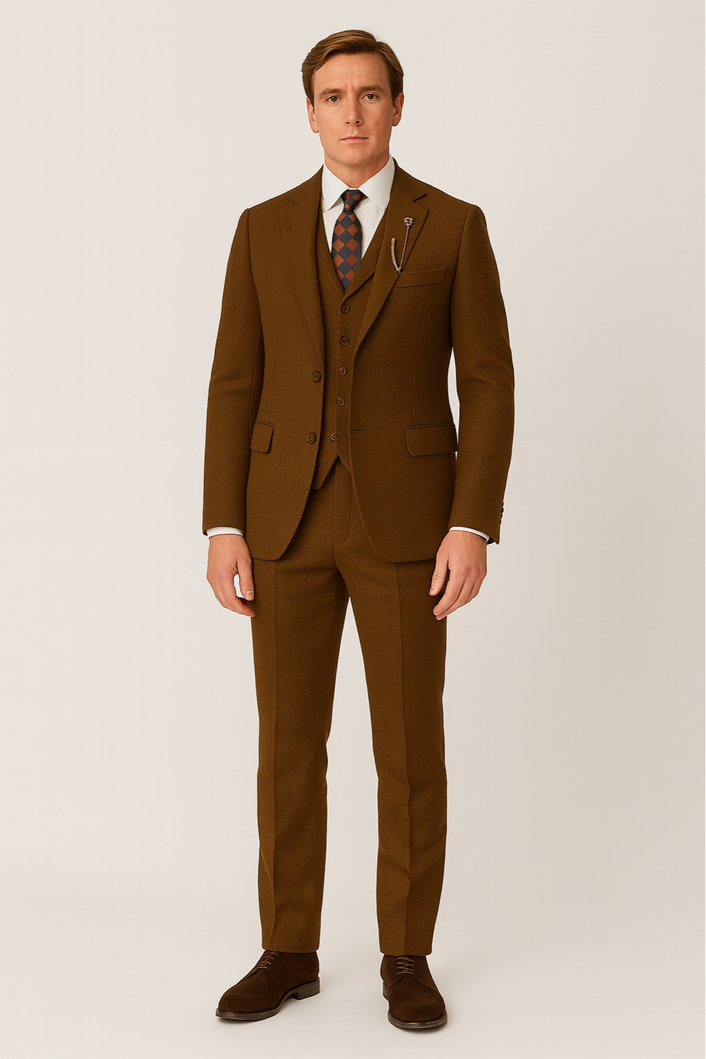 Classic men's brown three-piece suit with jacket, vest & trousers, suitable for formal business or wedding attire.