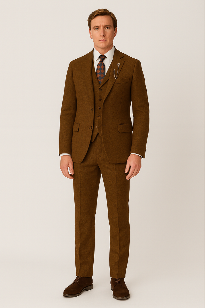 Classic men's brown three-piece suit with jacket, vest & trousers, suitable for formal business or wedding attire.