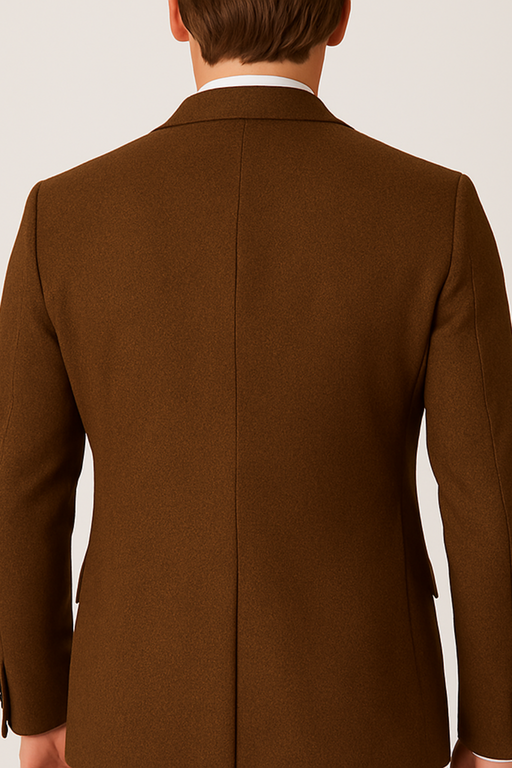 Sophisticated men's brown formal three-piece suit for elegant event wear, weddings, or professional business attire.