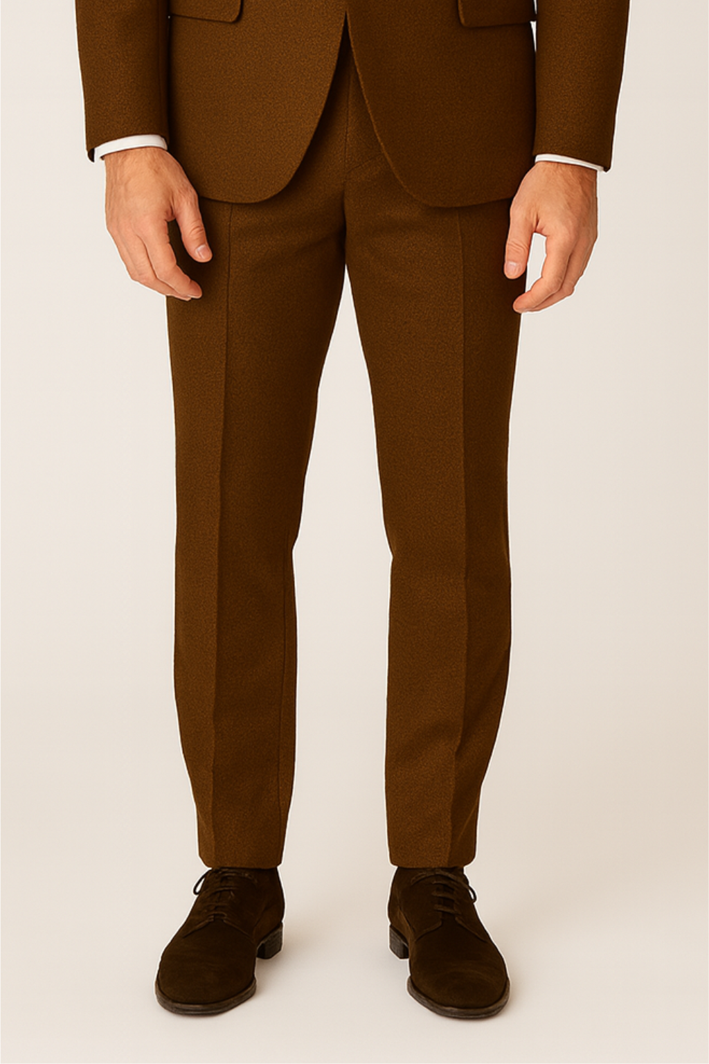 Men's brown formal three-piece suit, a tailored classic for weddings, business, and special event wear.