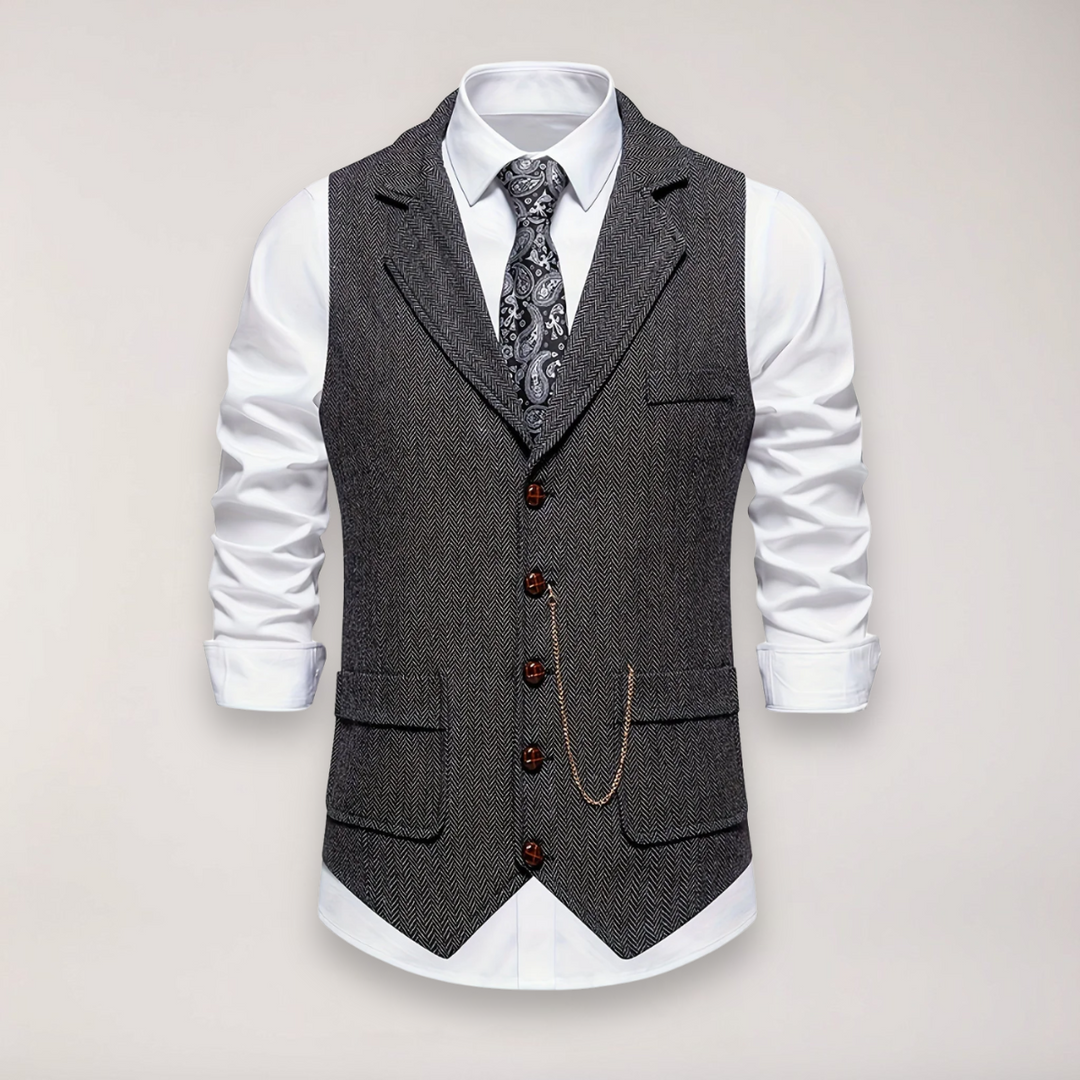 Men's formal herringbone waistcoat with reversed collar, classic fit, ideal for business or wedding attire.