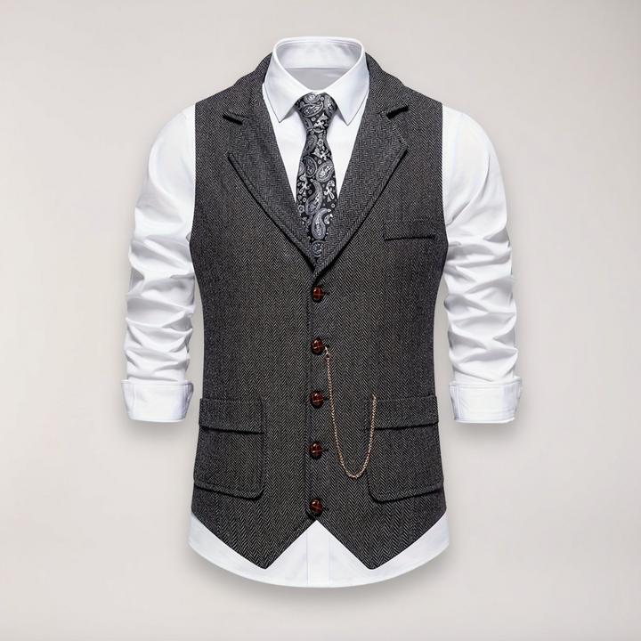Men's formal herringbone waistcoat with reversed collar, classic fit, ideal for business or wedding attire.