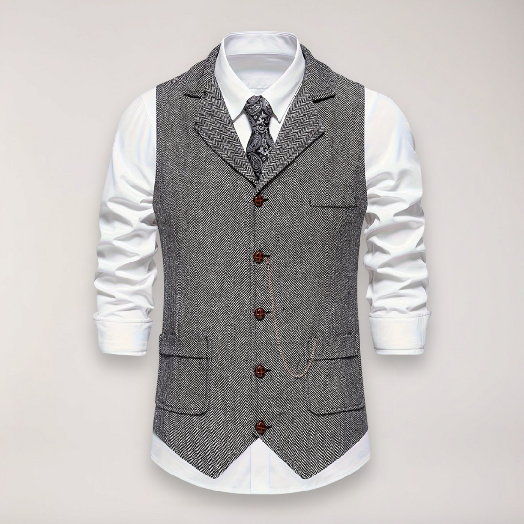 Classic fit men's herringbone waistcoat, elegant formal wear, perfect wedding vest or business attire.