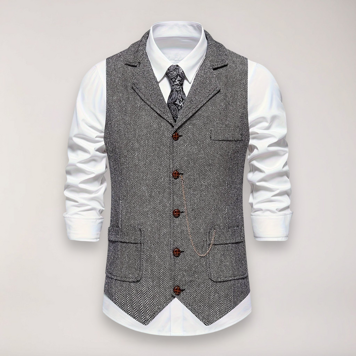 Classic fit men's herringbone waistcoat, elegant formal wear, perfect wedding vest or business attire.