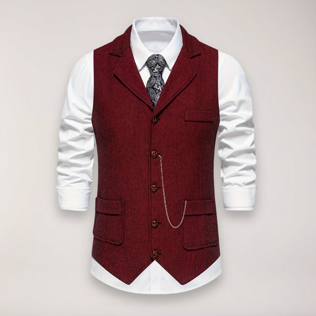 Man wearing a versatile men's herringbone waistcoat with a reversed collar, suitable for formal events.