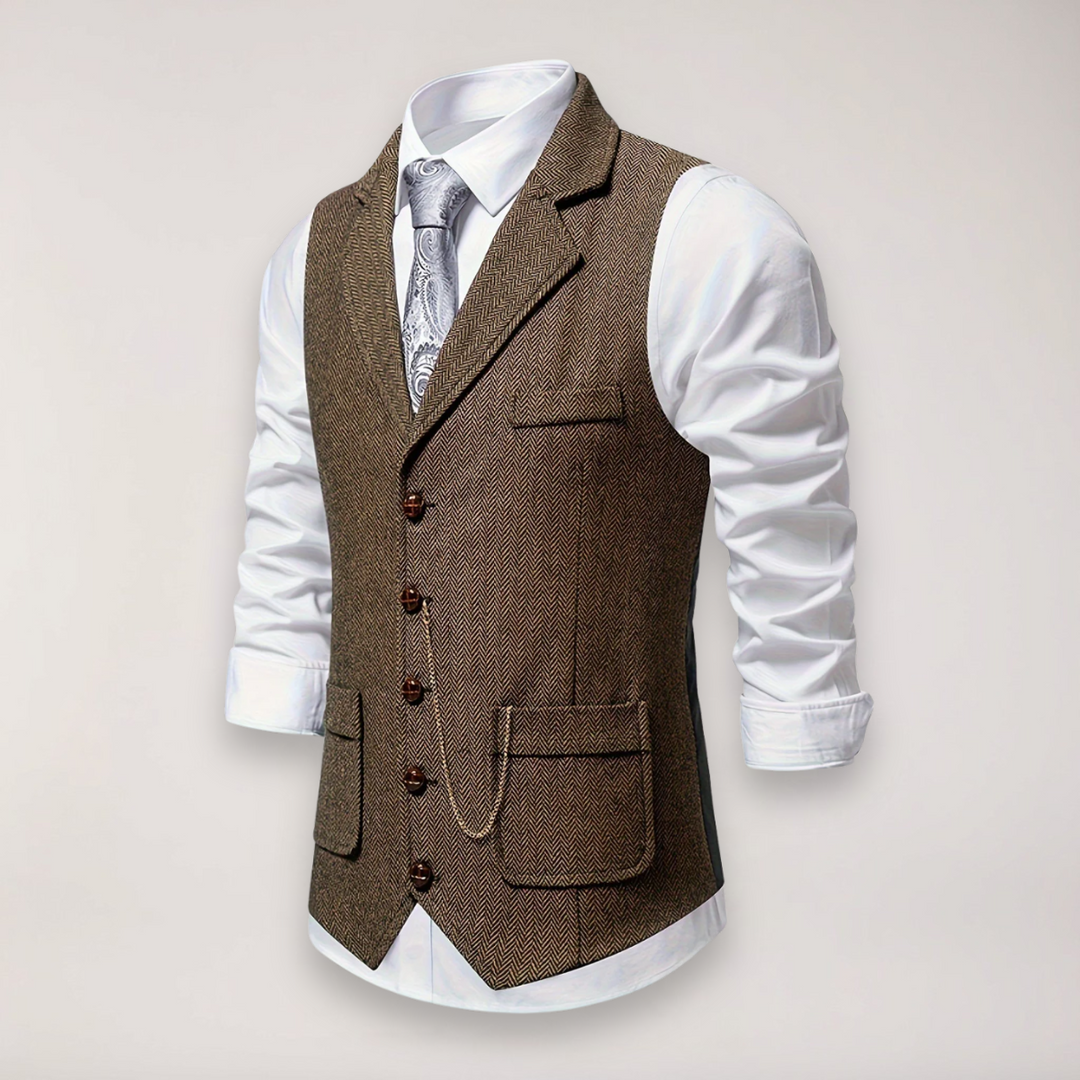 Gray herringbone men's waistcoat, wool blend, featuring a refined reversed collar for dressy occasions.