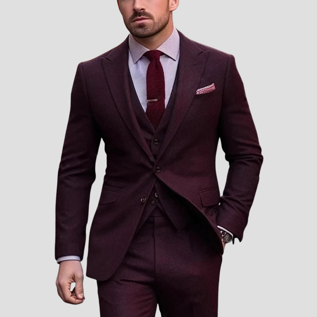 Front view of a men's elegant slim fit three-piece suit, showcasing its sophisticated design and tailored finish.