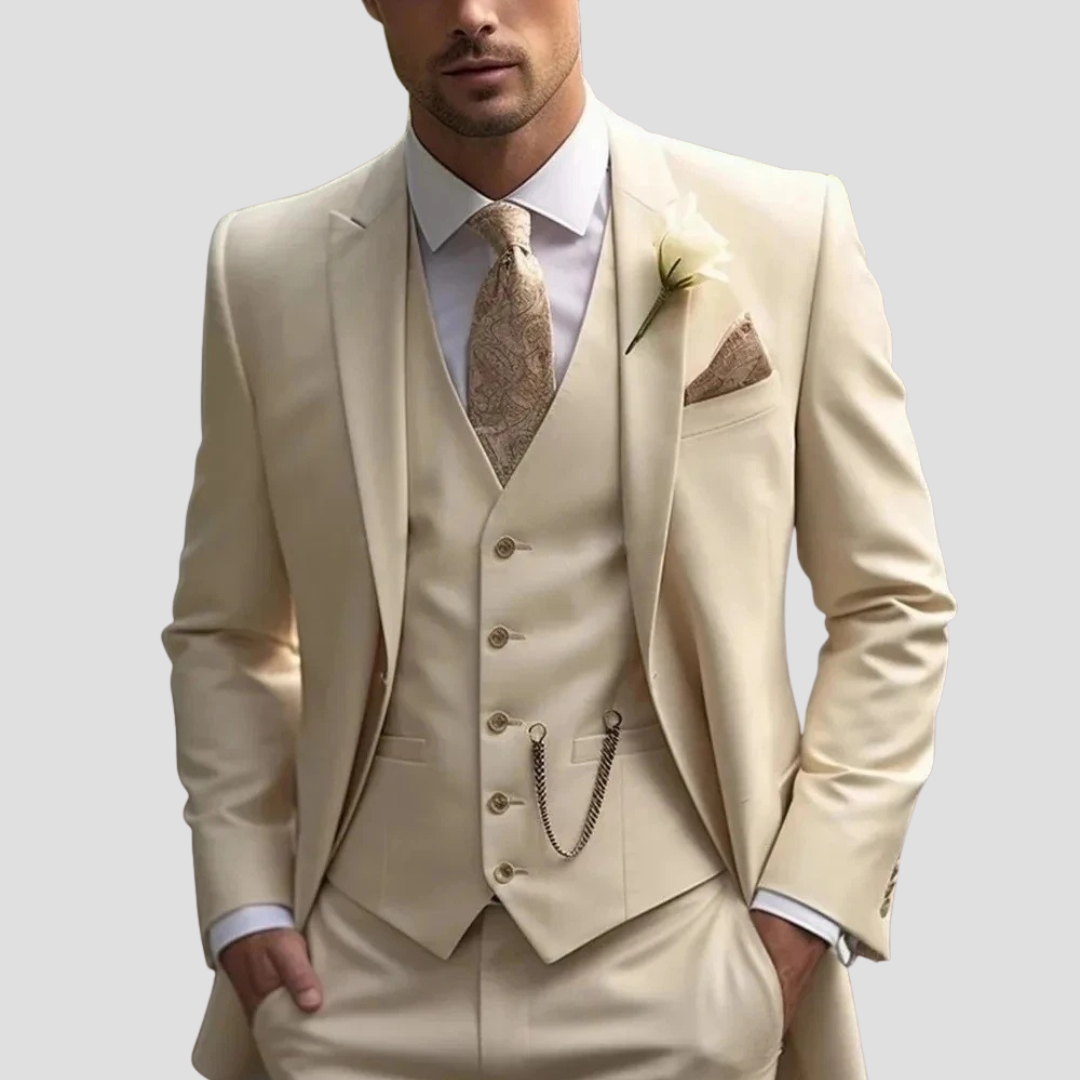 Close-up of the fabric texture on a men's tailored three-piece suit, highlighting its premium quality and slim fit.