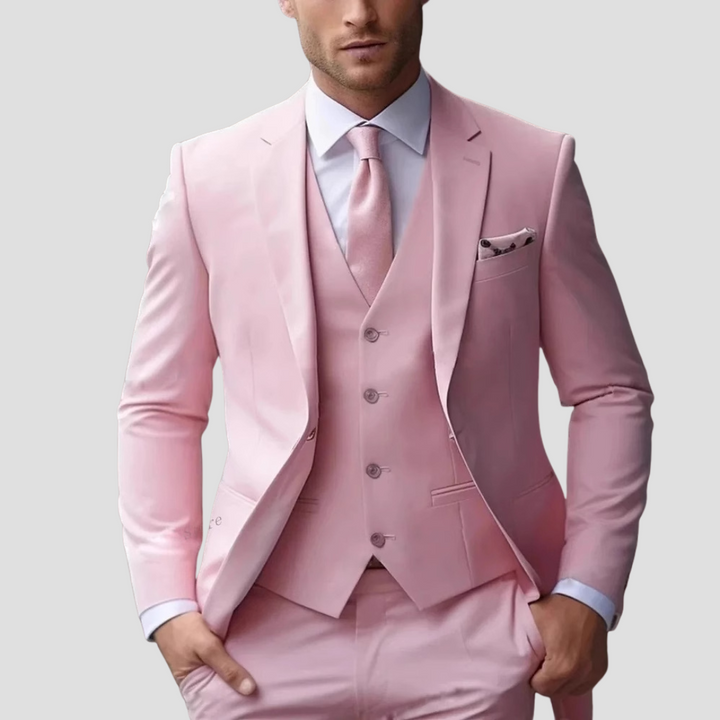 Detailed shot of the vest and jacket of a men's slim fit three-piece tailored suit, ready for formal wear.
