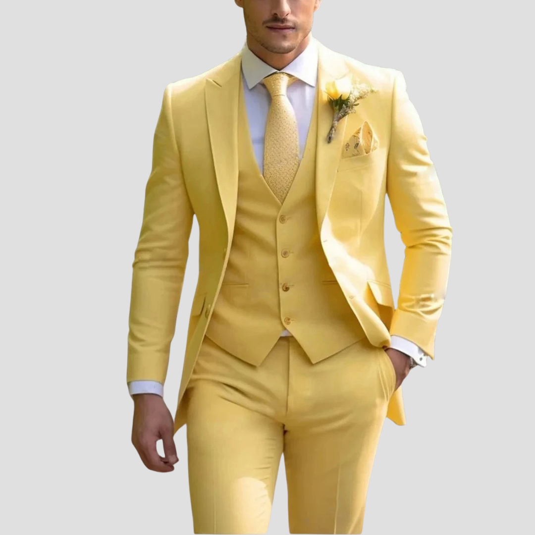 Stylish men's fashion: a versatile slim fit three-piece suit, suitable for both formal events and business attire.