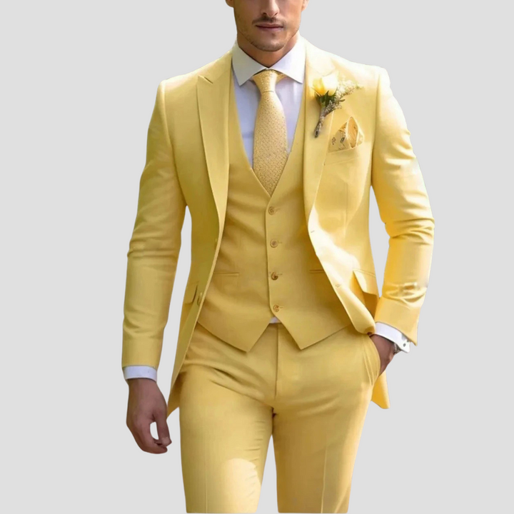 Stylish men's fashion: a versatile slim fit three-piece suit, suitable for both formal events and business attire.