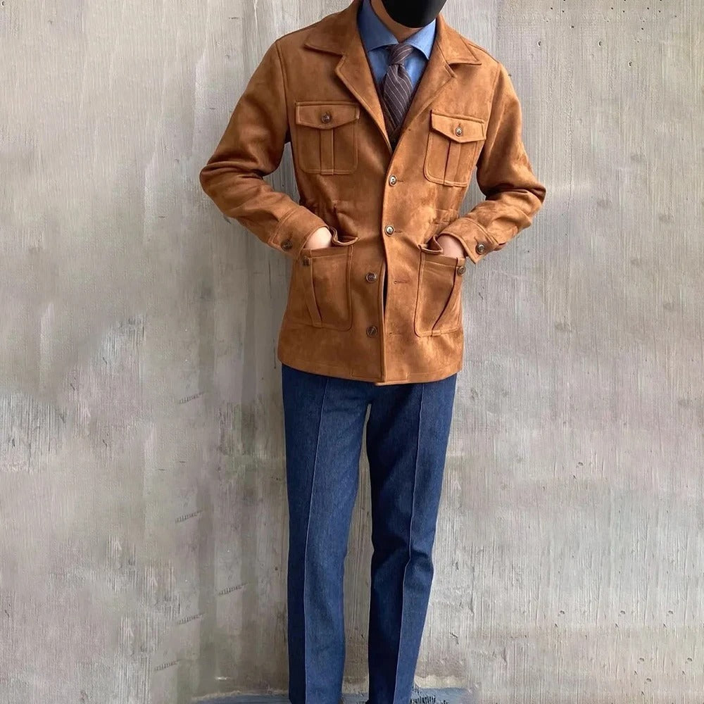 Classic men's button-up four-pocket field jacket. Ideal casual outerwear for outdoor adventures and fall fashion.