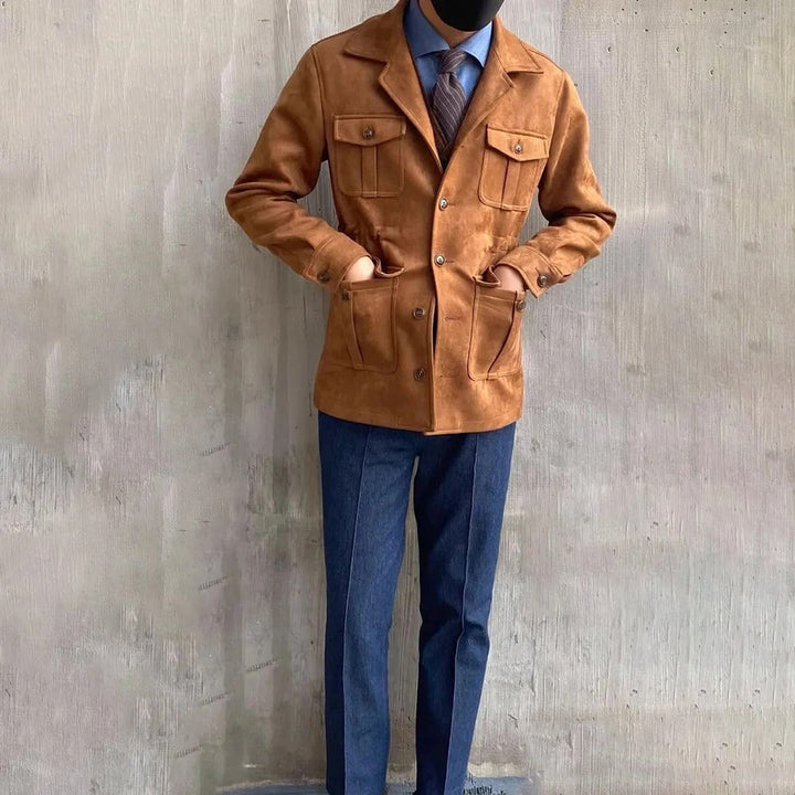 Classic men's button-up four-pocket field jacket. Ideal casual outerwear for outdoor adventures and fall fashion.
