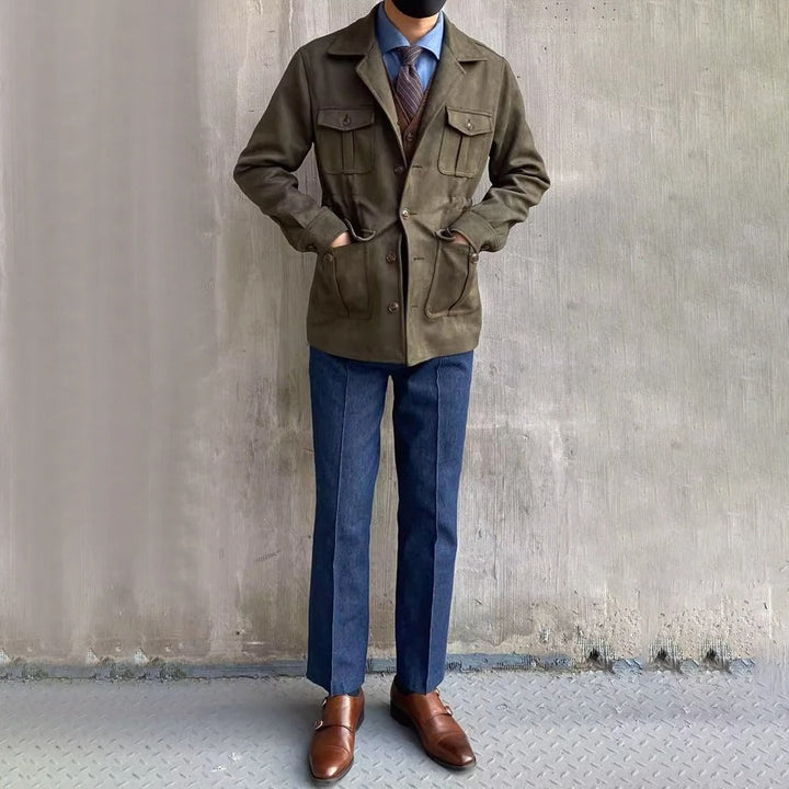 Durable men's four-pocket hunting jacket for outdoor adventures. Essential fall layering outerwear, classic style.