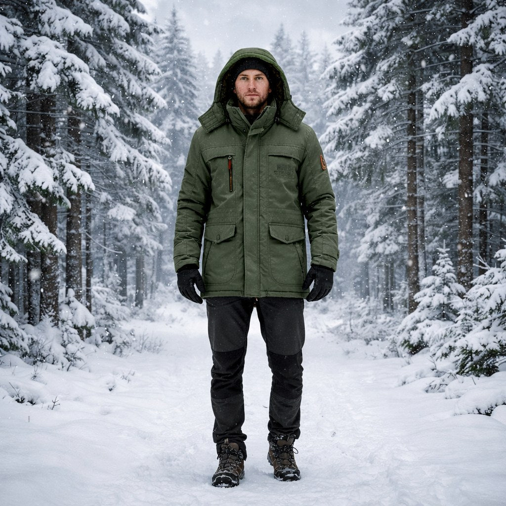Men's long winter coat, insulated and windproof, ensuring ultimate warmth & protection.