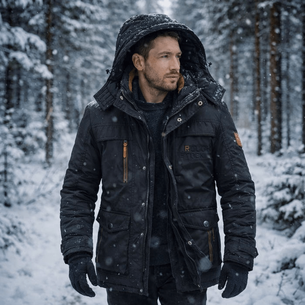 FrostGuard men's parka for extreme cold, featuring a warm, hooded, and windproof design.