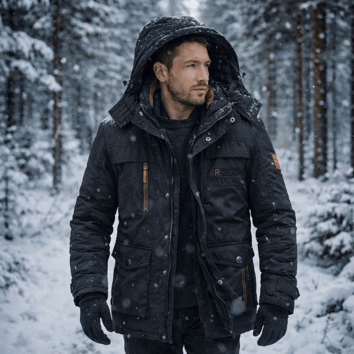 FrostGuard men's parka for extreme cold, featuring a warm, hooded, and windproof design.