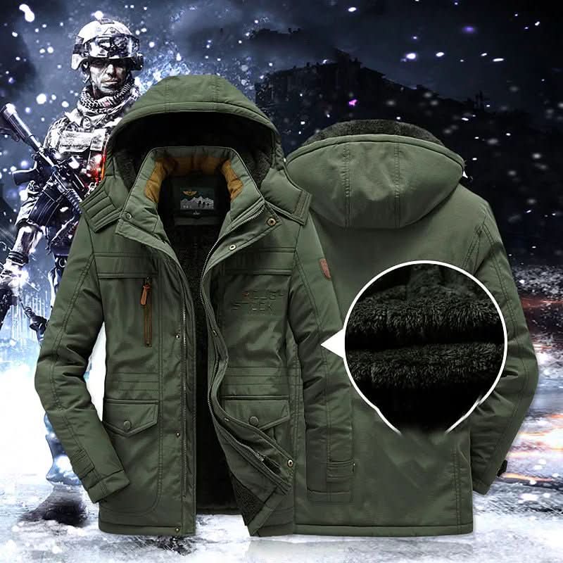 Insulated men's winter jacket with hood, perfect for cold weather protection & outdoor activities.