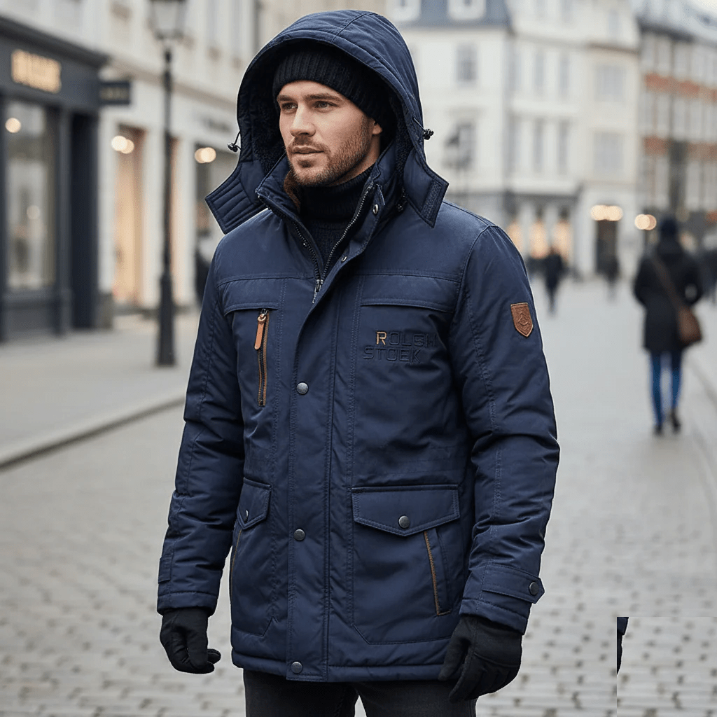 Outdoor men's parka, warm and durable FrostGuard design, perfect for winter adventures.