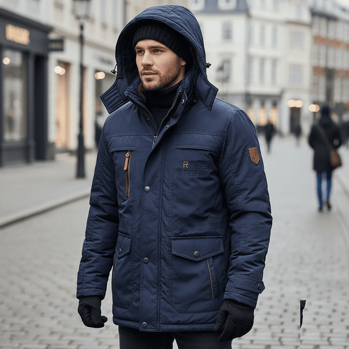 Outdoor men's parka, warm and durable FrostGuard design, perfect for winter adventures.