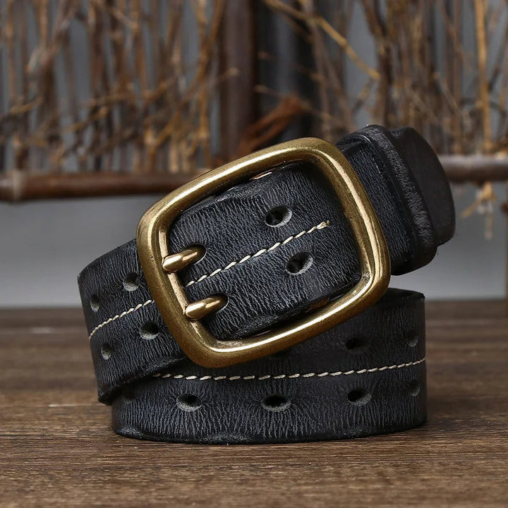 Men's full-grain leather belt with solid brass buckle, a durable and classic accessory for daily wear.