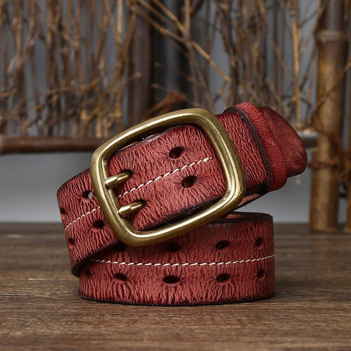 Khaki full-grain leather men's belt, a unique and durable casual accessory featuring a solid brass buckle.
