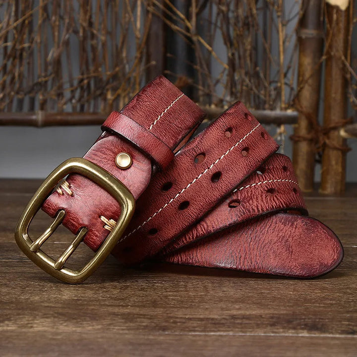 Men's durable full-grain leather black belt, featuring a polished solid brass buckle for casual or semi-formal.