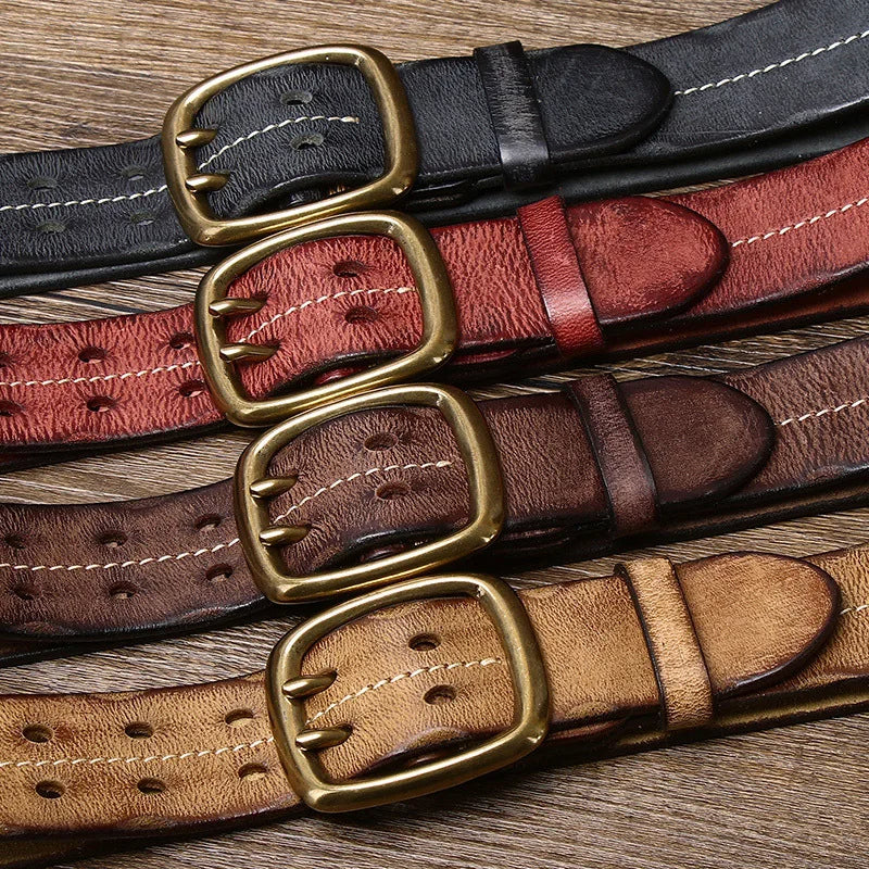 Classic brown full-grain leather men's belt, with a sturdy solid brass buckle, an essential vintage style accessory.