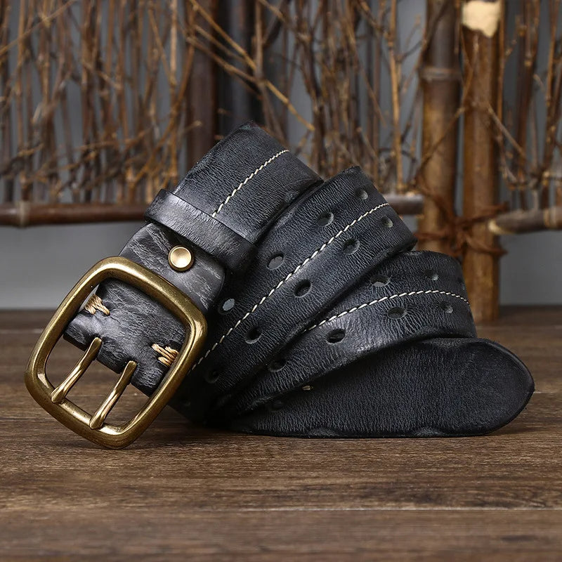 Solid brass buckle on a premium full-grain leather men's belt, offering a durable and versatile accessory.