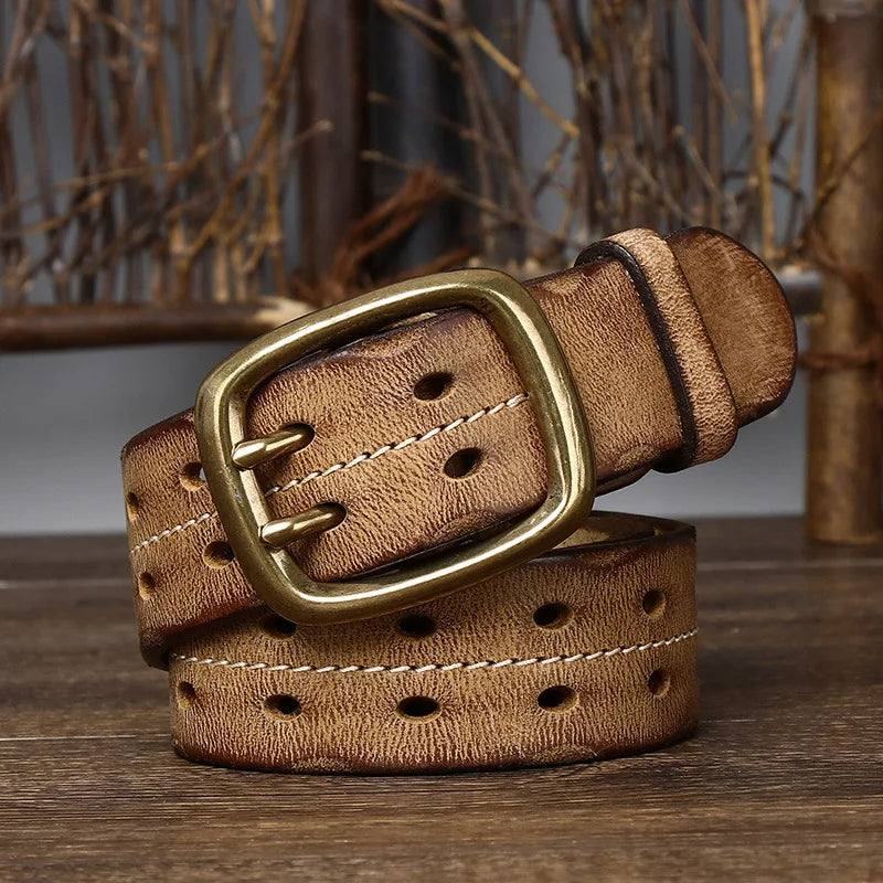 Semi-formal full-grain leather men's belt with a sleek solid brass buckle, ideal for a refined look.