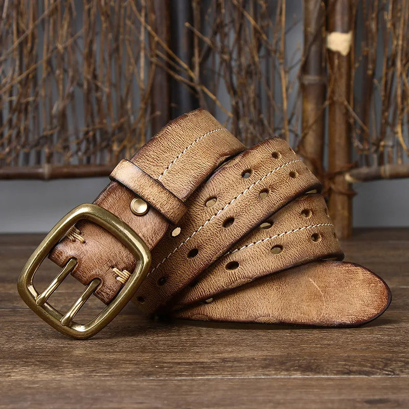 Brown full-grain leather men's belt, classic and versatile with a solid brass buckle, perfect for vintage style.
