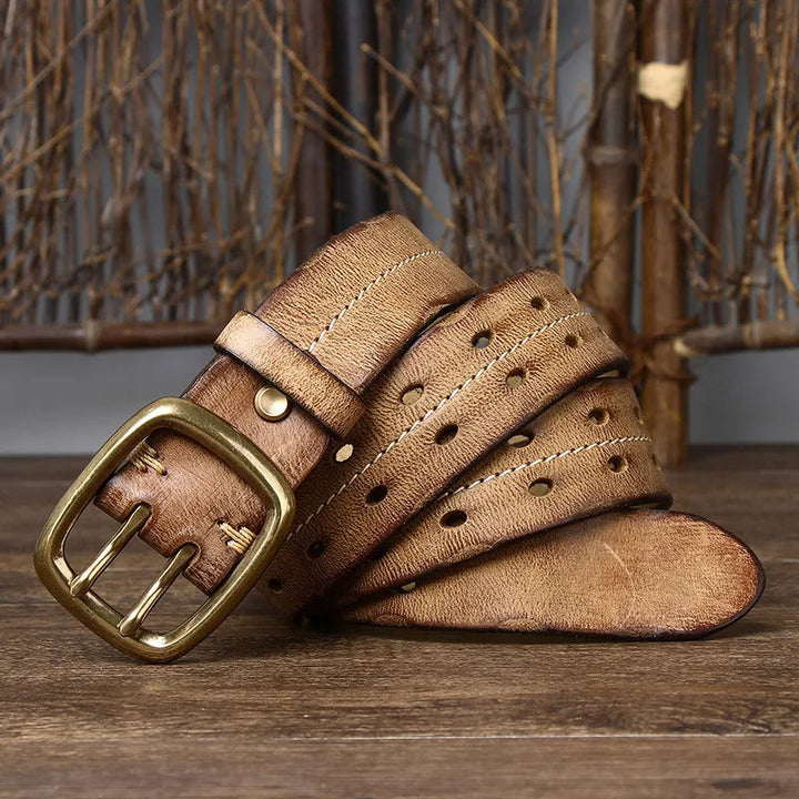 Brown full-grain leather men's belt, classic and versatile with a solid brass buckle, perfect for vintage style.