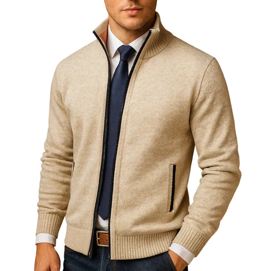 Men's full-zip stand collar cardigan with secure zip pockets, ideal for fall & winter layering.