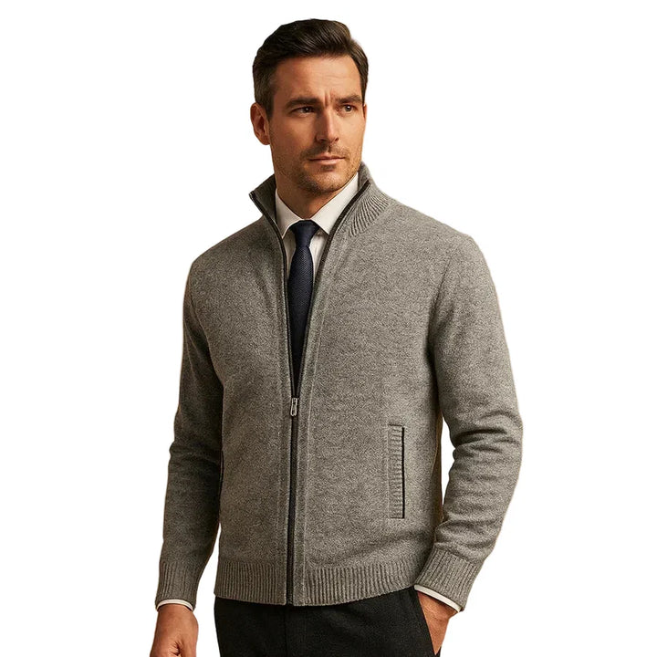 Stylish men's full-zip stand collar cardigan, perfect casual wear or smart layering for fall fashion.
