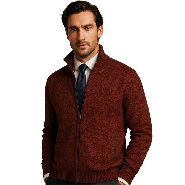 Comfortable men's full-zip cardigan with stand collar & zip pockets, versatile for casual or winter style.