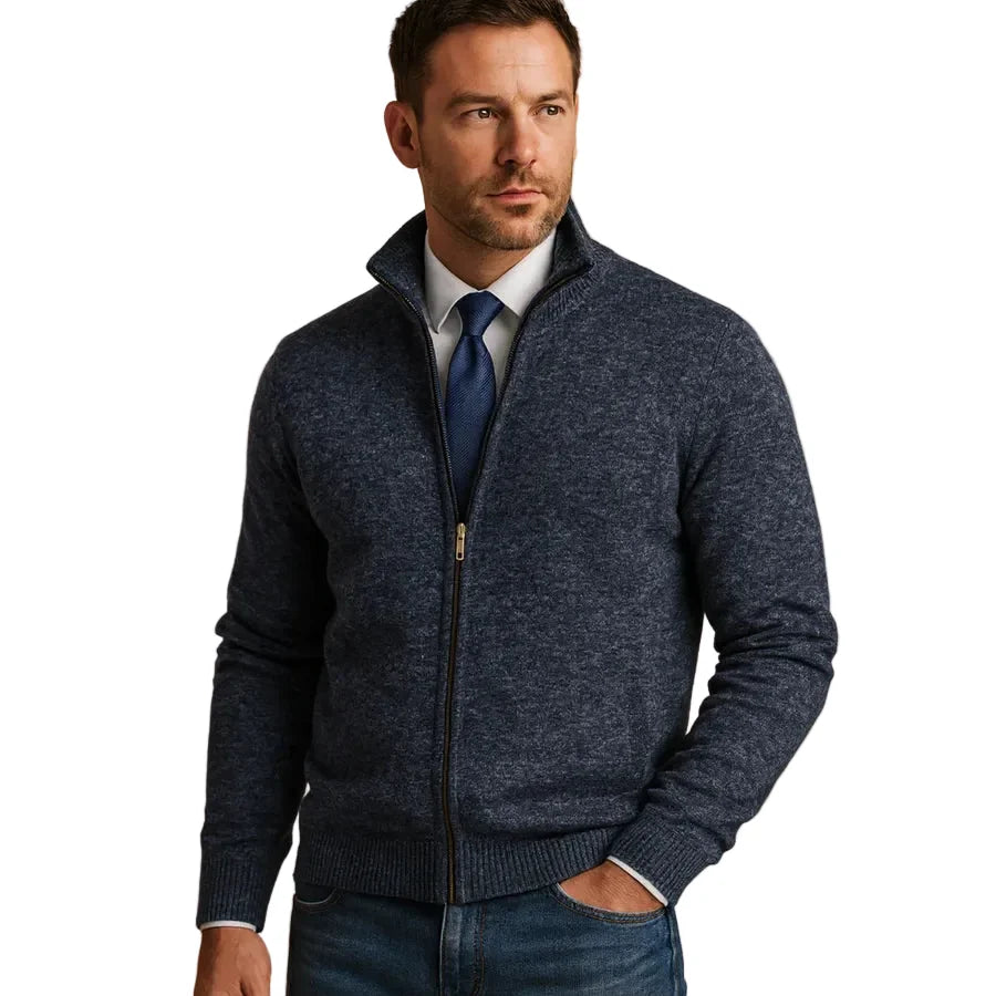 Man wearing a versatile full-zip stand collar cardigan with secure pockets, great for fall outdoor activities.